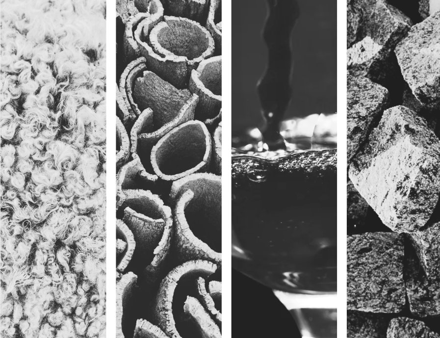 Composizione in bianco e nero di materie prime sarde: lana, sughero, vino e granito